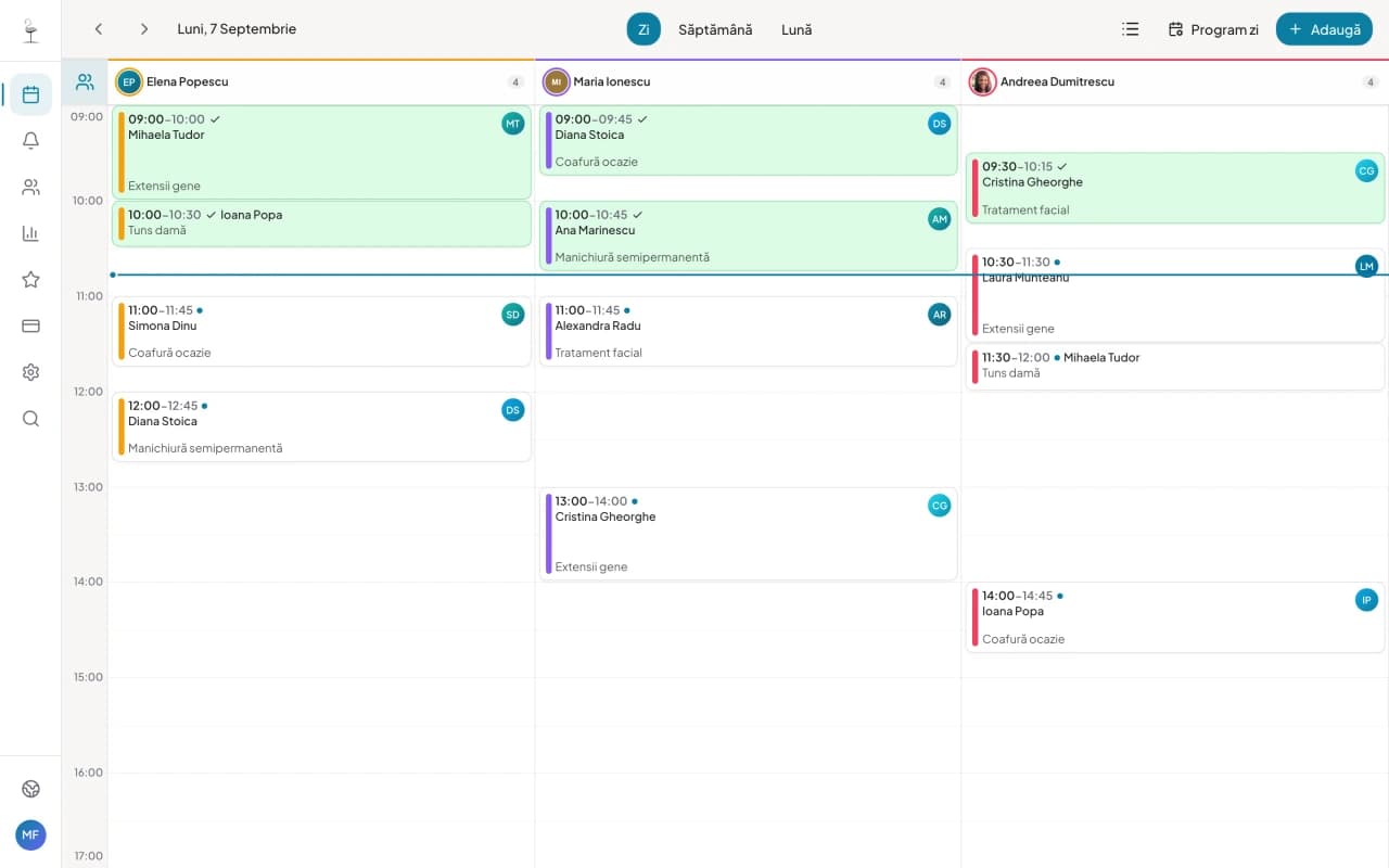 Calendarul de programări al salonului pe Glamingo, pe desktop și pe telefon
