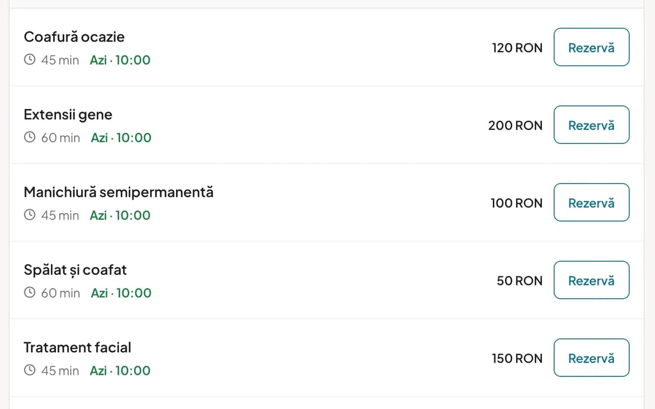 Lista de servicii a unui salon pe Glamingo: serviciul, prețul în RON, durata și primul interval liber, pe desktop și pe telefon